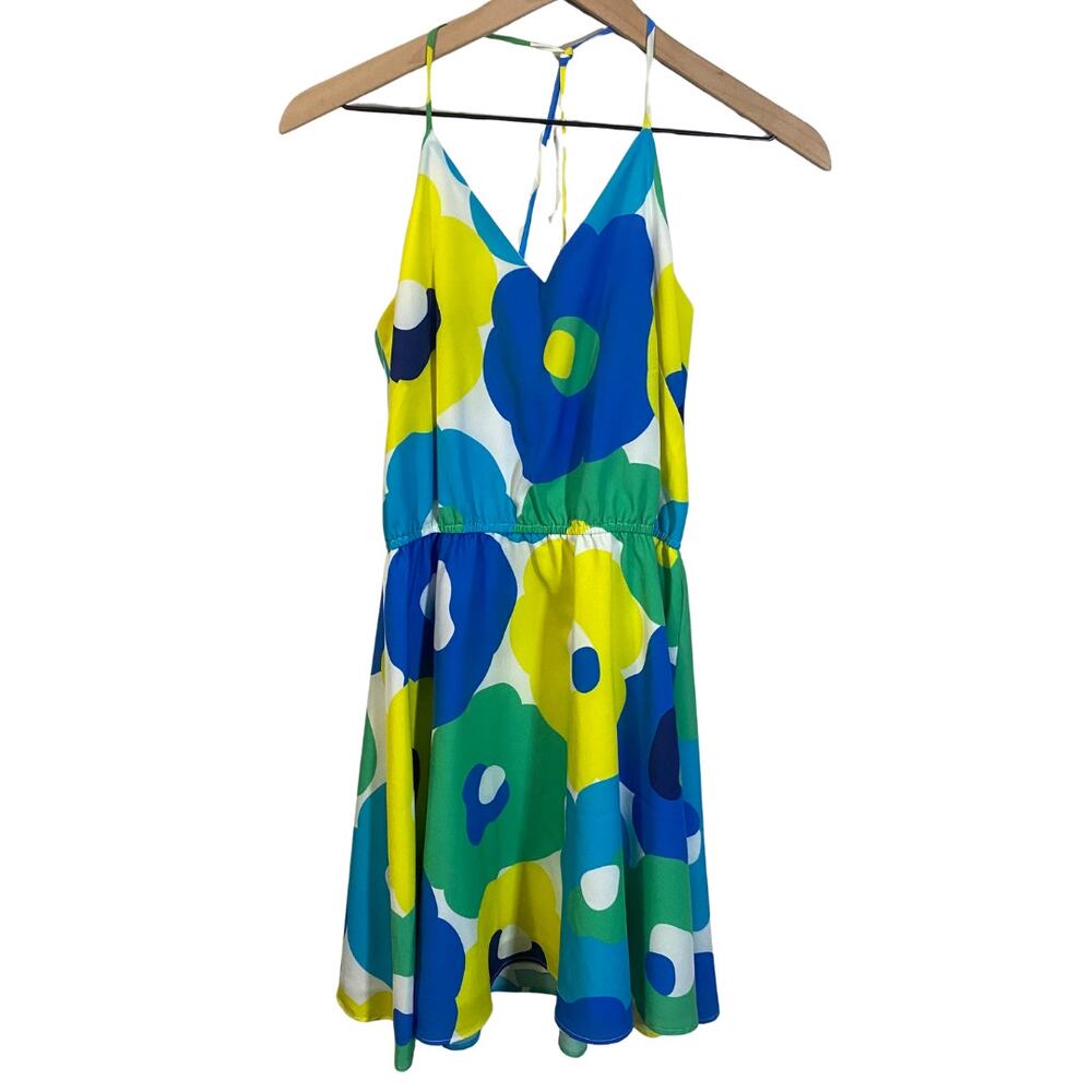 Hutch Strappy Floral Mini Dress Green Blue Yellow Mod Retro Flower Print Sz S